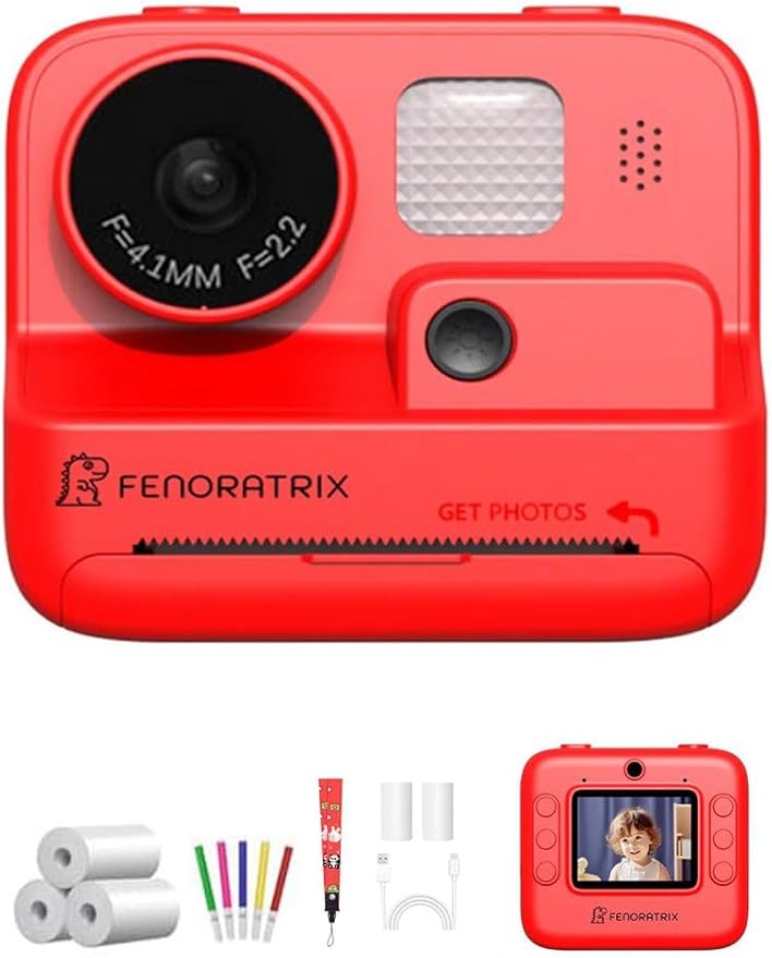 Instant Print Camera for Kids – No Ink Needed, 2.4" Screen, Selfie & 1080P Video, 10X Zoom, 3 Paper Rolls, Stickers & Markers, Fun Creative Gift for Boys & Girls Ages 3 4 5 6 7 8 9 10 – FENORATRIX RED