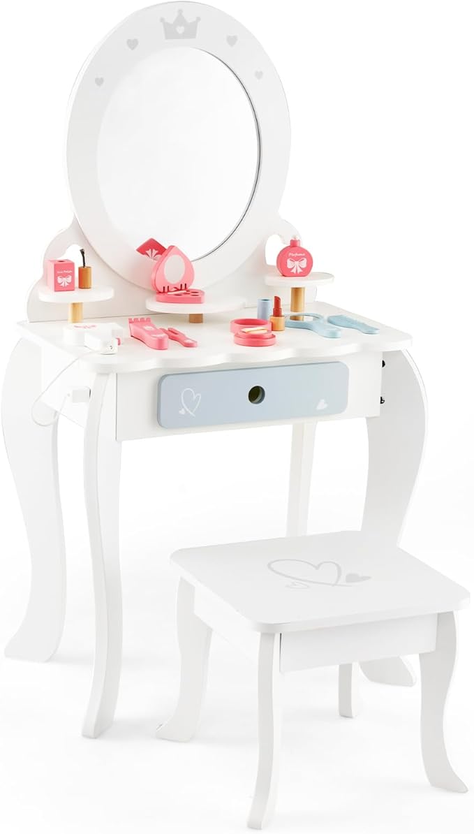 HONEY JOY Kids Vanity, Toddler Wooden Makeup Vanity Table & Chair Set, 10 Pcs Pretend Play Dressing Accessories Toy, Tri-Fold Princess Mirror, Little Girls Vanity Set with Mirror and Stool, White