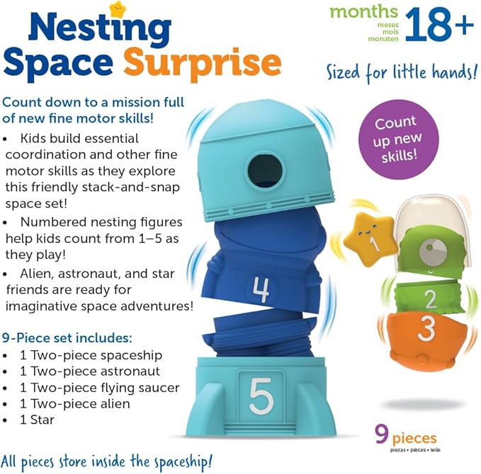 Learning Resources Nesting Space Surprise, Preschool Learning Activities, Fine Motor Skills, Montessori Preschool Toys, Space Toys, Ages 18 Months+, 9 Pieces