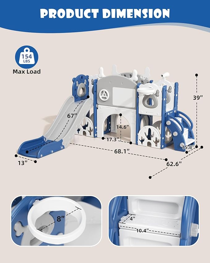 YUFU 13 in 1 Kids Slide for Toddlers, Toddler Slide Playset with Golf, Drawing Board, Climber, Basketball Hoop and Storage Space, Indoor Outdoor Toddler Playground for Kids Age 1-3 (Blue)