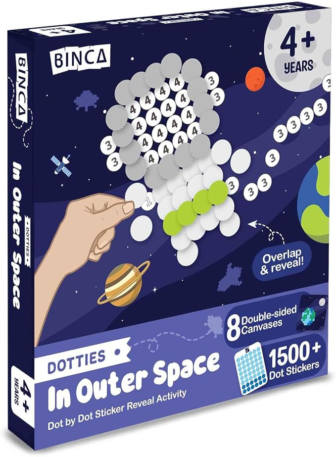 BINCA Dotties Dot Art Activity Kit - Space, 1500+ Stickers, Christmas Stocking Stuffers, Mess-Free Activities, DIY Dot Sticker Art, Kids Travel Activities, Gifts for Boys & Girls Ages 4,5,6,7