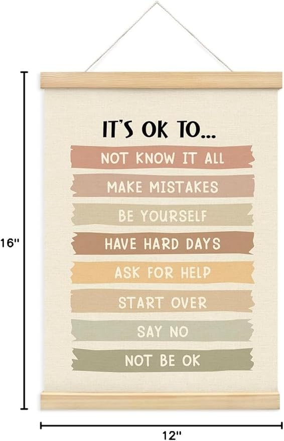 Affirmation Wall Decor, Rainbow Nursery Decor, It's Ok To Feel Poster, Mental Health Wall Art, Montessori Wall Decor Posters Framed with Wood Hanger, 12x16 Inch
