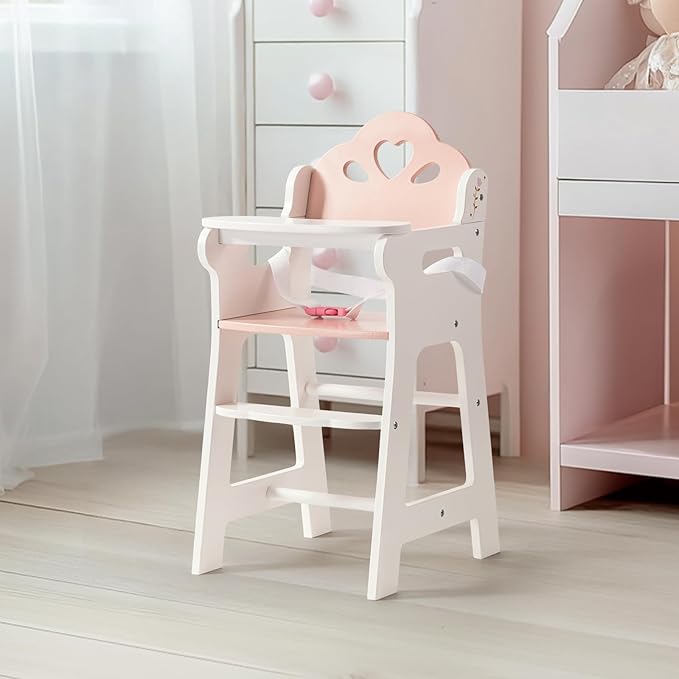 ROBOTIME Baby Doll High Chair, Pretend Play High Chair with Safety Belt and Footrest, Wooden Baby Doll Accessories, Doll Furniture Fits 18-20 Inch Dolls, Gift for Ages 3+ (White)