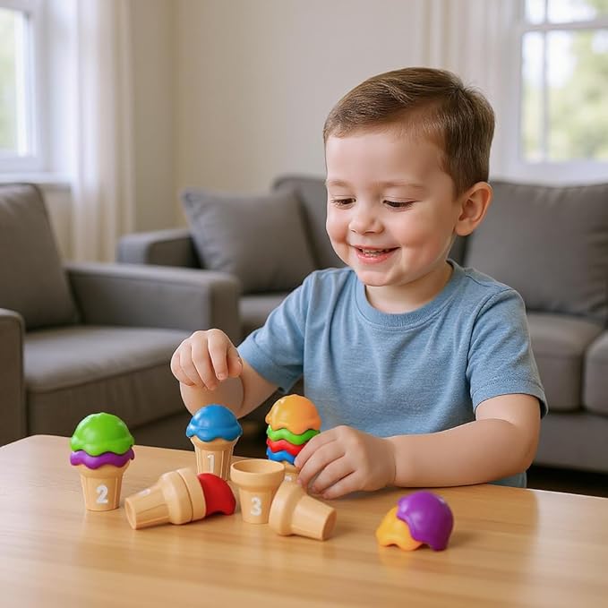 Number 1-10 Ice Cream Counting Cones – Educational Number Matching Learning Toy for Toddlers – Includes 10 Ice Cream Cones & 10 Stacking Scoops
