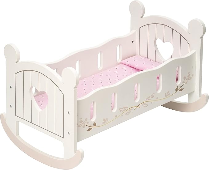 ROBOTIME Wooden Play Doll Cradle Rocking Baby Doll Crib, Reversible Doll Bedding for Toddler Girl,Fits Dolls Up to 20 Inches (White)