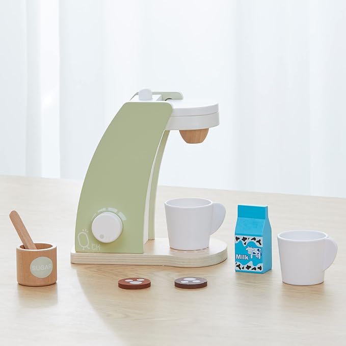 Teamson Kids - Little Chef Frankfurt Wooden Coffee Machine Play Kitchen Accessories - Green- 8 pcs