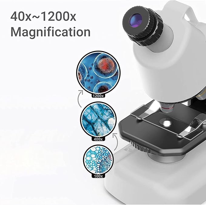Kids Educational Microscope - Up to 40-1200x Zoom, LED Light, Glass Material, White Color, Perfect for STEM Learning & DIY Experiments