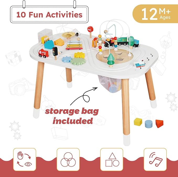 Baby Activity Cubes for Kids,Toddler Activity Cubes&Activity Center Table with Wooden Bead Mazes,Mini Toy Car,Gears&Blocks|Wooden Desk Play Table as Montessori Toy for 1 Year Old Boy Girl