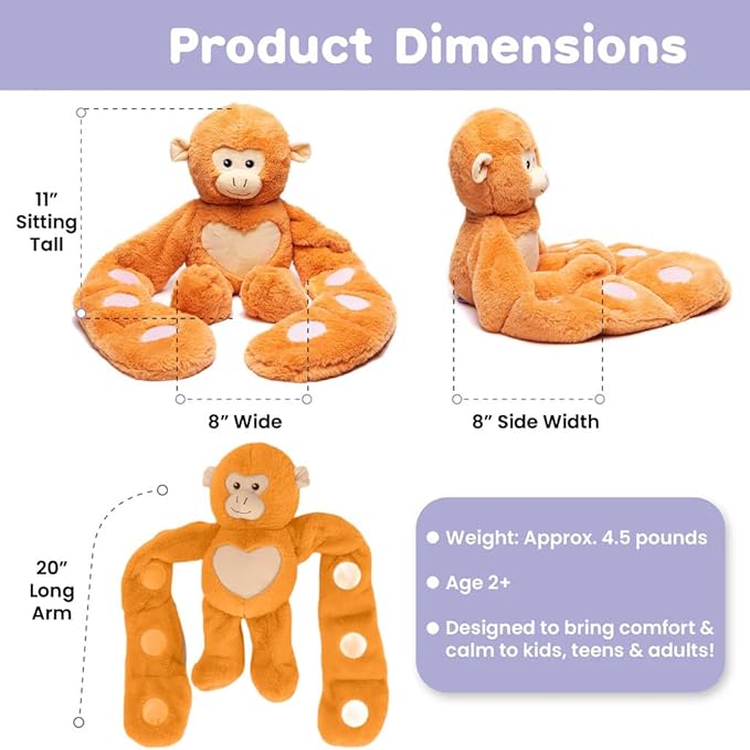 Plushland Original 5lbs Weighted Stuffed Animals Plush Toys with Long Arms, Giant Plushies Pillow Hugging Toy Gifts with Bean Bag for Kids and Adults (Monkey)