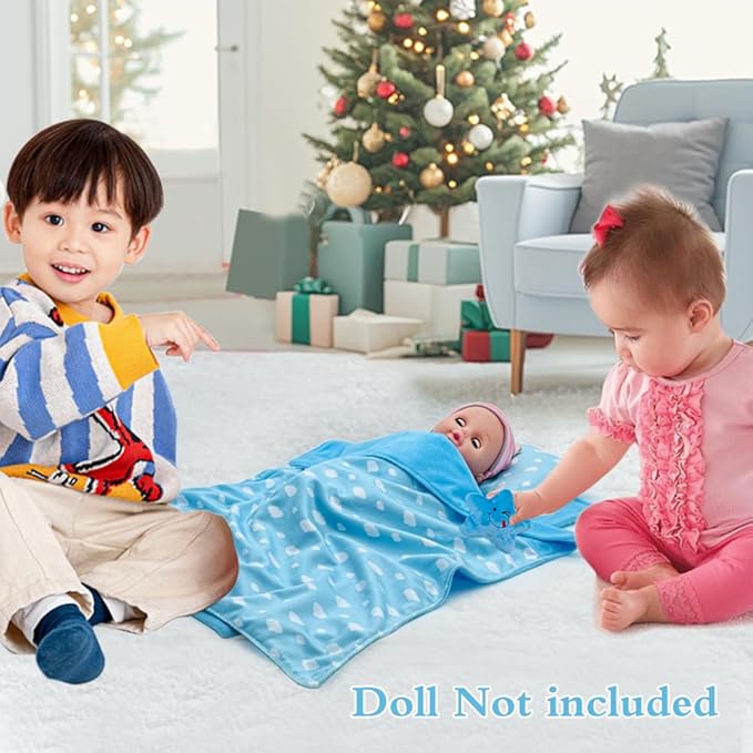 Baby Doll Accessories Bedding Set Soft Blanket Mattress Pillow Dolls Playset Fits 16-18 Inches American Doll Furniture Toy Girls and Boys (Blue)