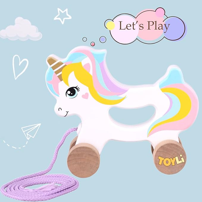 Wooden Unicorn Push & Pull Along Toy Developmental Montessori Toddler Pull Toys Improves Balance Strength Confidence for Infants Develop Cognitive Skills Baby Toddlers 18 Month Pull Toy