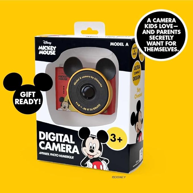 Mickey Mouse Mini Kids Toy Digital Camera & Video Camcorder for Ages 3-5, Teens and Adults, Selfie Lens, 20+ Filters, 12MP, 32GB, 1.55" Screen, Hand Made Strap - Model A by kiimento