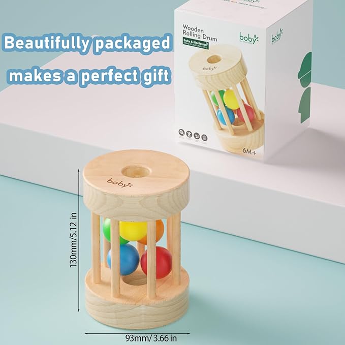 Dailyfunn Montessori Toys Wooden Infant Baby Rolling Rattle Toy for Babies 6-12-18-24 Months Newborn Shower Birthday Gift