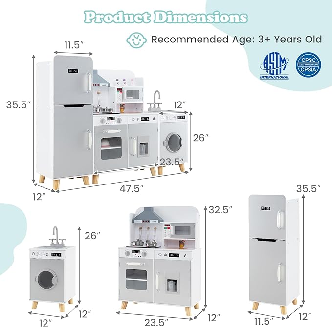 MAT EXPERT 3-Piece Kids Kitchen Playset, Wooden Toddlers Toy w/Refrigerator, Lighted Range Hood, Washing Machine, Microwave, Stove & Ice Maker, Little Chef Pretend Play Kitchen for Boy Girl Aged 3+