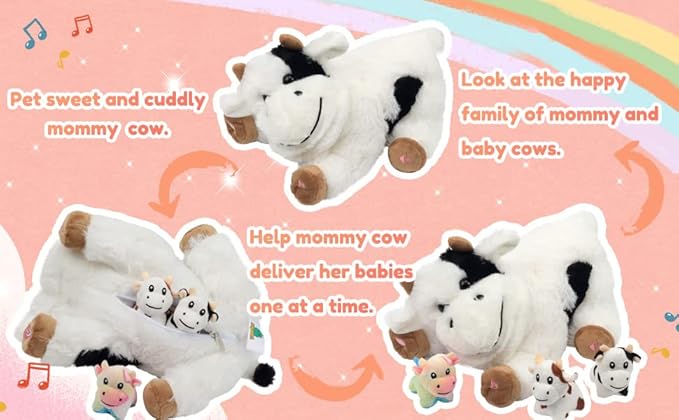 Hopearl LED Musical Stuffed Cow Lighting Up Singing Plush Toy Playset Mommy Cow with 3 Baby Dairy Cows in her Tummy Adjustable Volume Lullaby Animated Soothe for Mom Kids, 15''