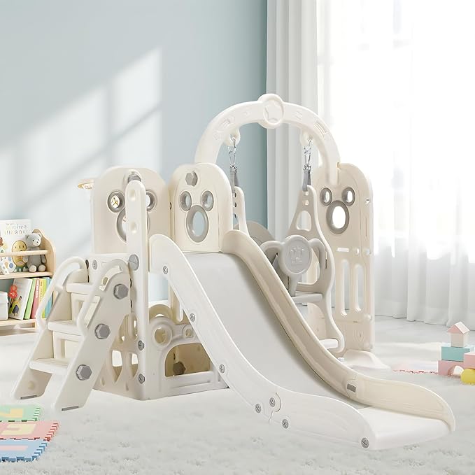 Arlopu 7 in 1 Toddler Slide and Swing Set, Kids Climber Playset with Ball & Hoop, Telescope, Suction Cup Reinforced Base, Baby Indoor Outdoor Playground (White)