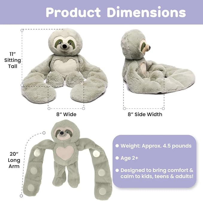 Plushland Original 5lbs Weighted Stuffed Animals Plush Toys with Long Arms, Giant Plushies Pillow Hugging Toy Gifts with Bean Bag for Kids and Adults (Sloth)