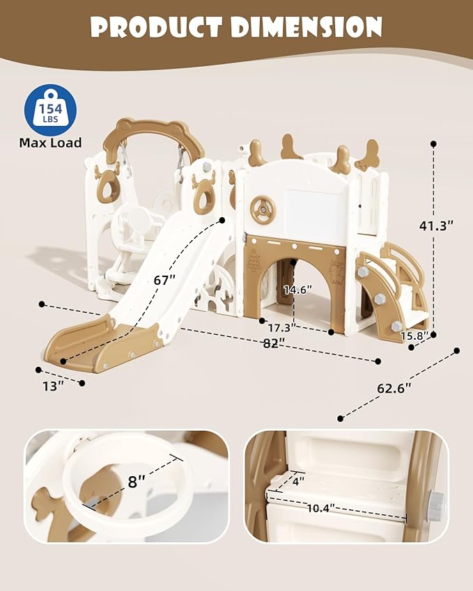 YUFU 13 in 1 Toddler Slide and Swing Set, Kids Slide for Toddlers Age 1-3, Toddler Playset with Golf Set, Basketball Hoop and Drawing Board, Outdoor Indoor Playground (Brown)