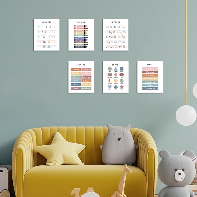 Framed Set of 6 Alphabet Poster, Abc Chart, Number Chart Educational Posters For Classroom Homeschool Preschool Supplies, for Kids Ages 3-5 Baby Girl Nursery Wall Decor (8 x10 inch Framed)