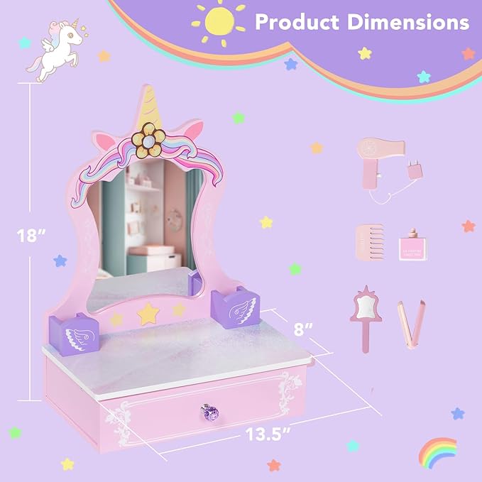 Wooden Vanity Set for Kids, Toddler Tabletop Beauty Salon Play Set w/Accessories & Drawer, Princess Makeup Pretend Play Vanity Table Toy with Mirror for Little Girls Age 3-8