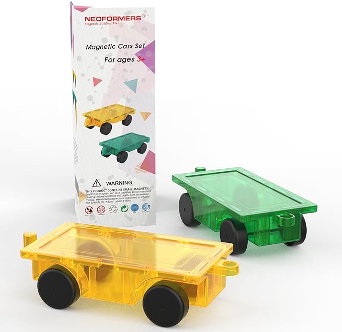 Magnetic Tiles Car Set Truck Kit Toy with Stronger Magnets, Educational Magnet Cars with Re-Enforced Hitch and Long Bed for Girls Boys Toddler Ages 3+ (Green & Yellow)