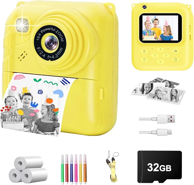 Instant Print Camera for Kids, 1080P Video Camera with 3 Print Rolls, 32GB Card & Cute Cover, Gift for Girls Boys Age 3-12, Toddler Digital Camera with Games, Filters, Music – Yellow