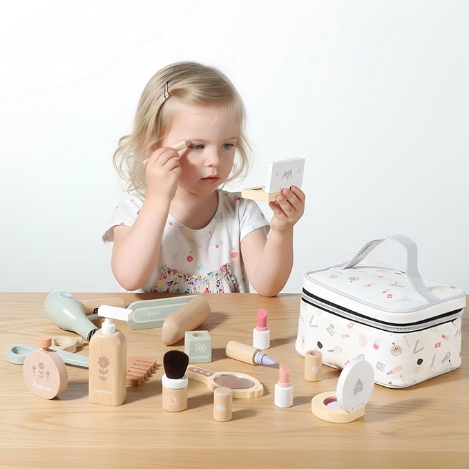 GAGAKU Wooden Makeup Toy Set for Toddlers 3-8, Pretend Play Makeup Kit with 16 Realistic Accessories Including Lipstick, Perfume & Mirror, Ideal Kids Dress-Up Gift for Girls Ages 3-5