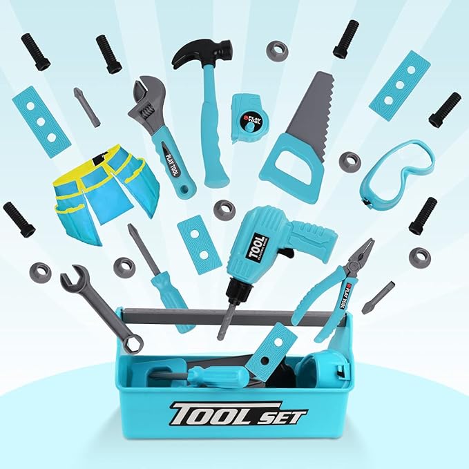 LOYO Kids Toys Tool Set - Pretend Play Construction Toy with Tool Box Kids Tool Belt Electronic Toy Drill Construction Accessories Gift for Toddlers Boys Ages 3 , 4, 5, 6, 7 Years Old (Blue)