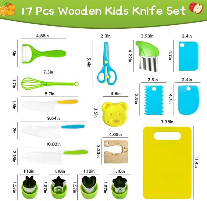 Chanking 17 Pieces Kids Safe Knife Set for Real Cooking Child-Friendly Plastic Chef Tools Montessori Kitchen Toys for Toddlers with Bright Colors Gifts for Boys and Girls