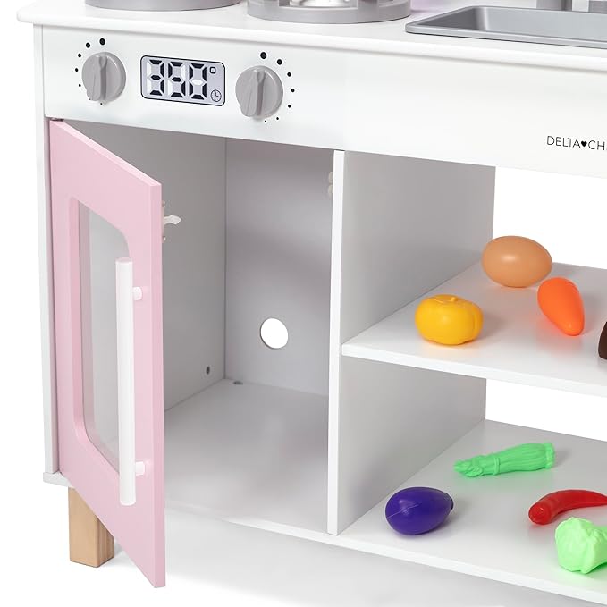 Delta Children Tiny Chef Play Kitchen - Toy Kitchen Playset with Realistic Knobs That Turn/Click, Oven, Sink, Microwave and 15 Pieces of Play Food, Pink