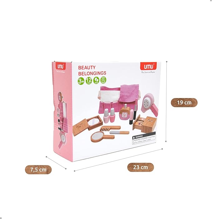 UMU® Wooden Beauty Salon Toys for Girls Makeup Playset 12 Piece Kit with Makeup, Brush, Mirror and Cosmetics Case, Best Gift for 3, 4, 5+ Girls Kids
