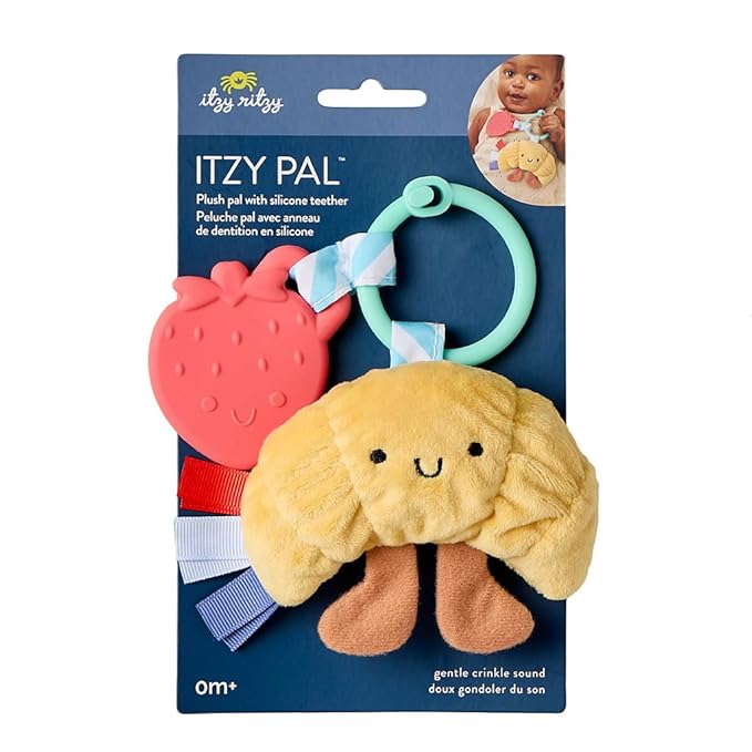 Itzy Ritzy Infant Toy & Teether - Itzy Pal Baby Teething Toy Includes Lovey, Crinkle Sound, Textured Ribbons & Silicone Teether for Newborn (Croissant)
