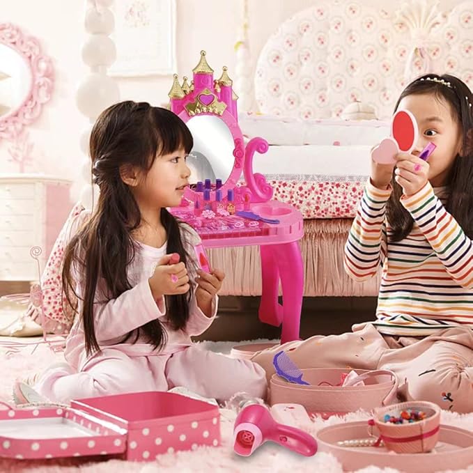 Vanity Makeup Table Toy with Adjustable Mirror, Comfortable Seat, Electronic Organ, Lights, and Music for Little Girls - Spark Imagination with Our Toddler Vanity Set