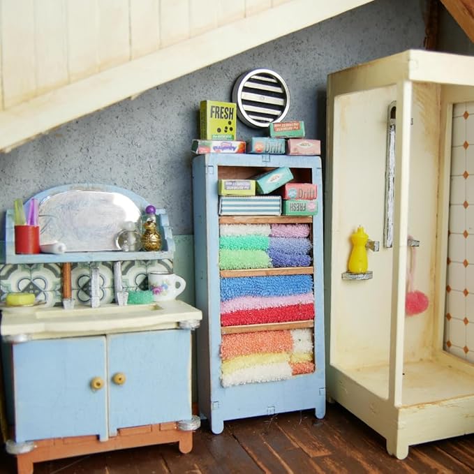 Bathroom Dollhouse Craft Kit – Easy to Build & Paint Miniature Bathroom | Cardboard Room + 9 Wooden Pieces + Decoration Sheets | 1:12 Scale | Sam & Julia's Mouse Mansion