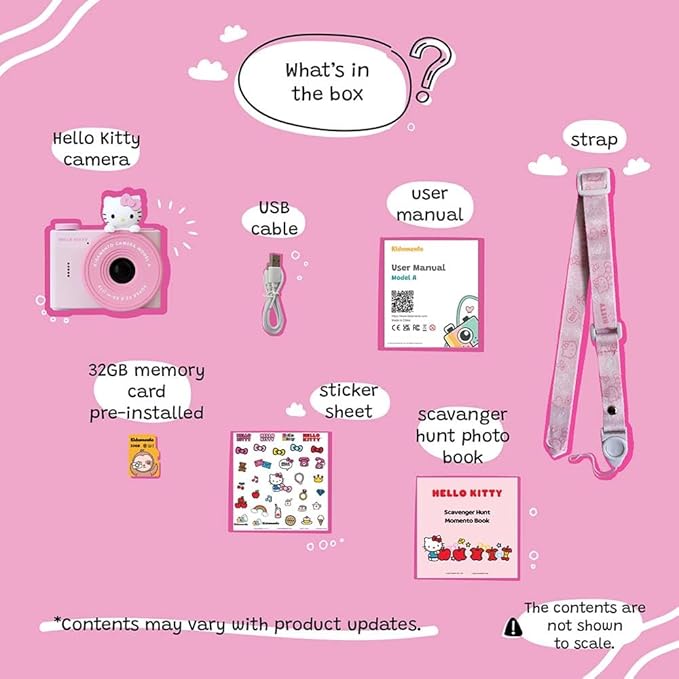 Hello Kitty Mini Kids Digital Camera & Video Camcorder by Kidamento, 32GB Memory Card, USB-C, Adjustable Soft Strap Lanyard, Scavenger Hunt Momento Book - Model A Hello Kitty