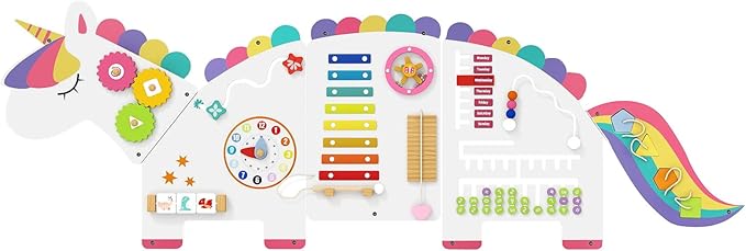 HONEY JOY Unicorn Activity Wall Busy Board Panels, 11-in-1 Wooden Sensory Wall Panel for Kids, Toddler Learning Activity Center, Ideal for Playroom Daycare Nursery Classroom Dentist Office (White)