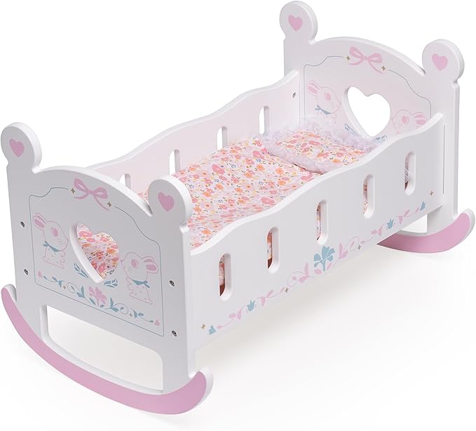 ROBOTIME Wooden Baby Doll Crib, Doll Cradle Bed for 18-24 Inch Dolls, Baby Doll Crib Set with Blanket and Pillow, Toy Doll Bed for Girls Ages 3+