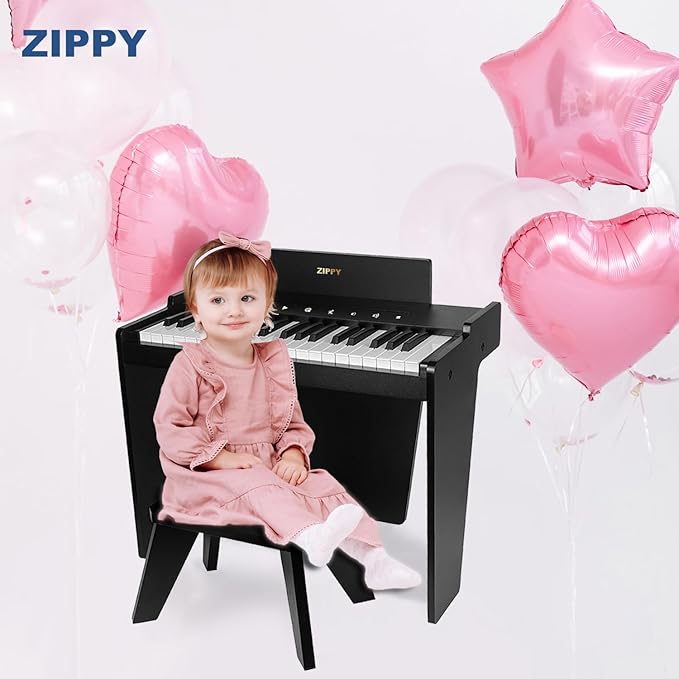 ZIPPY Kids Piano Keyboard, 37 Keys Digital Piano for Kids, Touch Sensitive Control Panel, Built-in Songs, Volume Adjustable, Music Educational Instrument, Wood Piano for 3+ Girls and Boys (Black Plus)