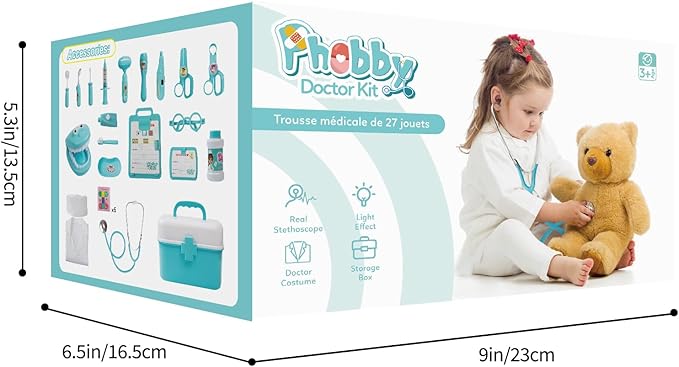 Durable Doctor Kit for Kids, 27 Pcs Deluxe Pretend Play Medical Kit Toy with Real Stethoscope, Doctor Toys for Toddlers Boys Girls Aged 3 4 5 6 7 8