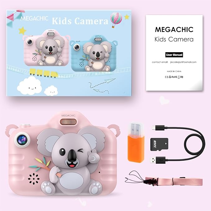 Kids Camera Koala Toys for 3-9 Years Girls Boys Toddler Digital Selfie Camera Video Camcorder Christmas Birthday Gifts for Children 1080P 48MP 2.4inch Screen with 32GB SD Card Pink