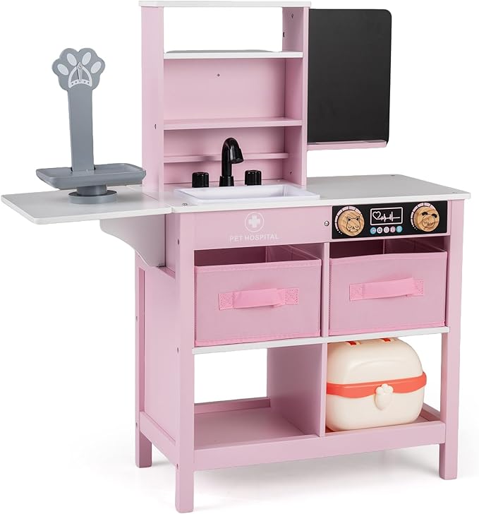 Costzon Kids Wooden Doctor Playset, Medical Activity Center Toy Set w/ Blackboard, Pet Scale, Faucet, Sink, Folding Tabletop, Drawers, Carrying Case, Pretend Hospital Playset for Boys Girls 3+ (Pink)