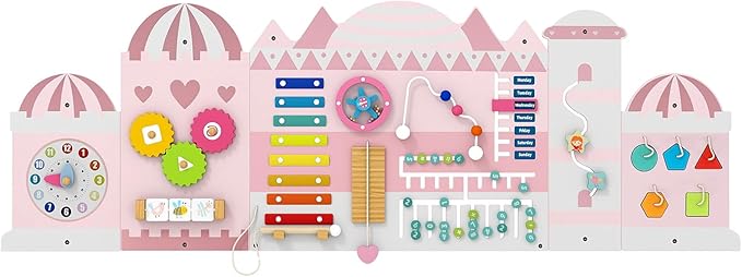 HONEY JOY Castle Activity Wall Busy Board Panels, 11-in-1 Wooden Sensory Wall Panel for Kids, Toddler Learning Activity Center, Ideal for Playroom Daycare Nursery Classroom Dentist Office (Pink)