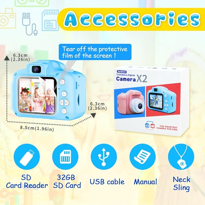 Seckton Upgrade Kids Selfie Camera, Christmas Birthday Gifts for Boys Age 3-9, HD Digital Video Cameras for Toddler, Portable Toy for 3 4 5 6 7 8 Year Old Boy with 32GB SD Card-Blue