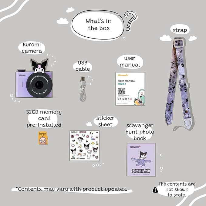 Kuromi Mini Kids Digital Camera & Video Camcorder by Kidamento, 32GB Memory Card, Adjustable Soft Strap Lanyard, Scavenger Hunt Momento Book - Model A Kuromi