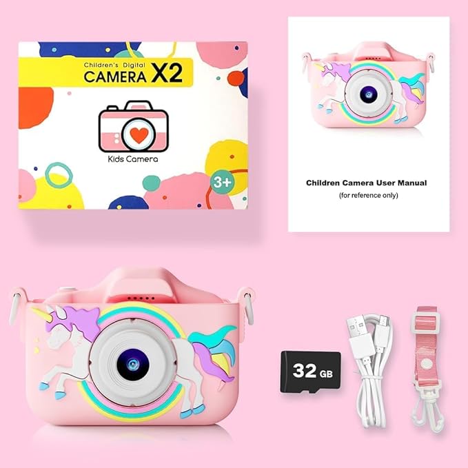 Kids Camera Toys for 3-8 Year Old Girls Boys, Toddler Digital Video Camcorder with Cartoon Soft Silicone Cover, Christmas Birthday Gifts for Kids - 32GB SD Card Included