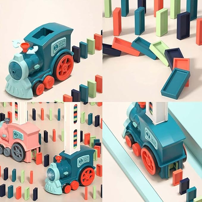 soputry Domino Toy Train Blocks Set, Automatic Domino Stacking Toy Creative Domino Rally Electric Train Set, Upgrade 4 Color Domino Toy Train for 3-12 Year Old Boys and Girls (100 Dominoes)