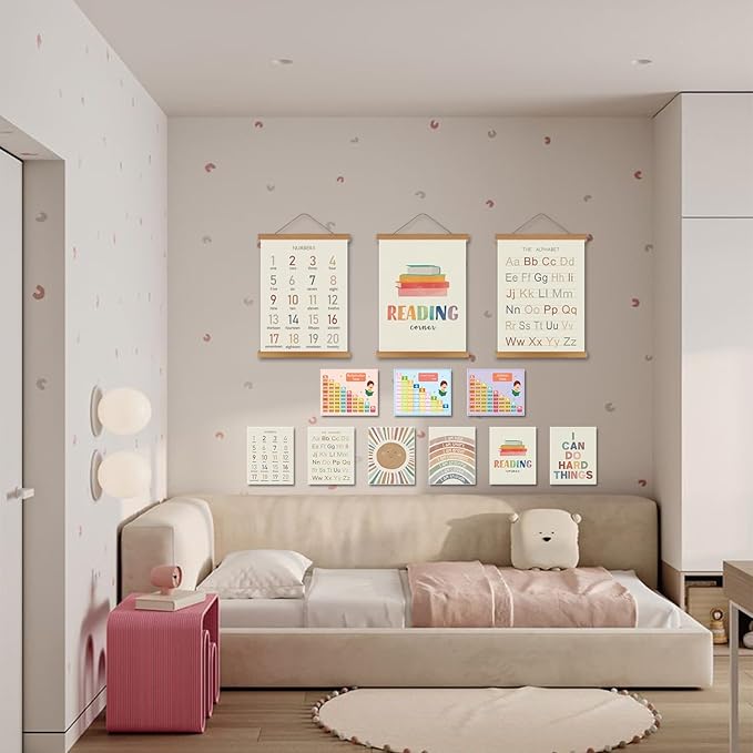 Educational Classroom letters for Kids Wall Art Set of 12 – 3 Hanging Posters 16x12in+9 Prints 8x10in, Numbers Alphabet Canvas Wall Decor Preschool Kindergarten Nursery Homeschool Learning Home Decor