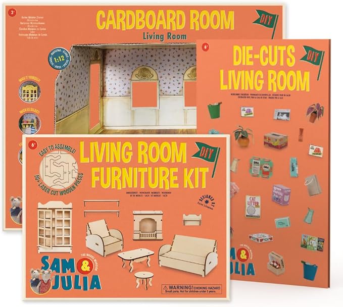 Living Room Dollhouse Craft Kit – Easy to Build & Paint Living Room with Fireplace | Cardboard Room + 7 Wooden Pieces + Decoration Sheets | 1:12 Scale | Sam & Julia's Mouse Mansion