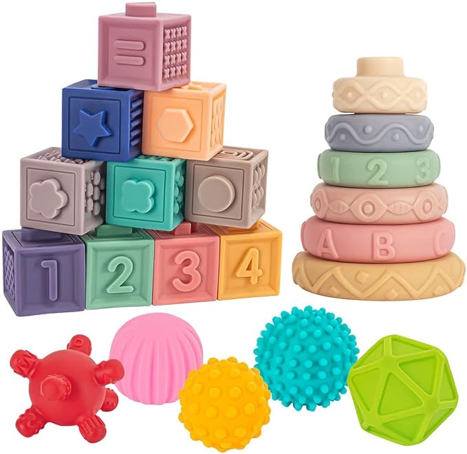 SpringFlower 3 in 1 Montessori Toys for Babies 0-3-6-12 Months, Soft Baby Teething, Stacking Building Blocks for Infants, Sensory Developmental Education Toys for Toddler Baby 12-18 Months,23 PCS