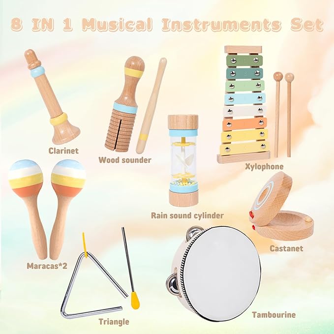 Baby Musical Instruments for Toddlers 1-3, 8PCS Montessori Musical Toy Set with Xylophone, Drum, Maracas...Perfect Toy Gift for 1-3 Year Old Boy Girl